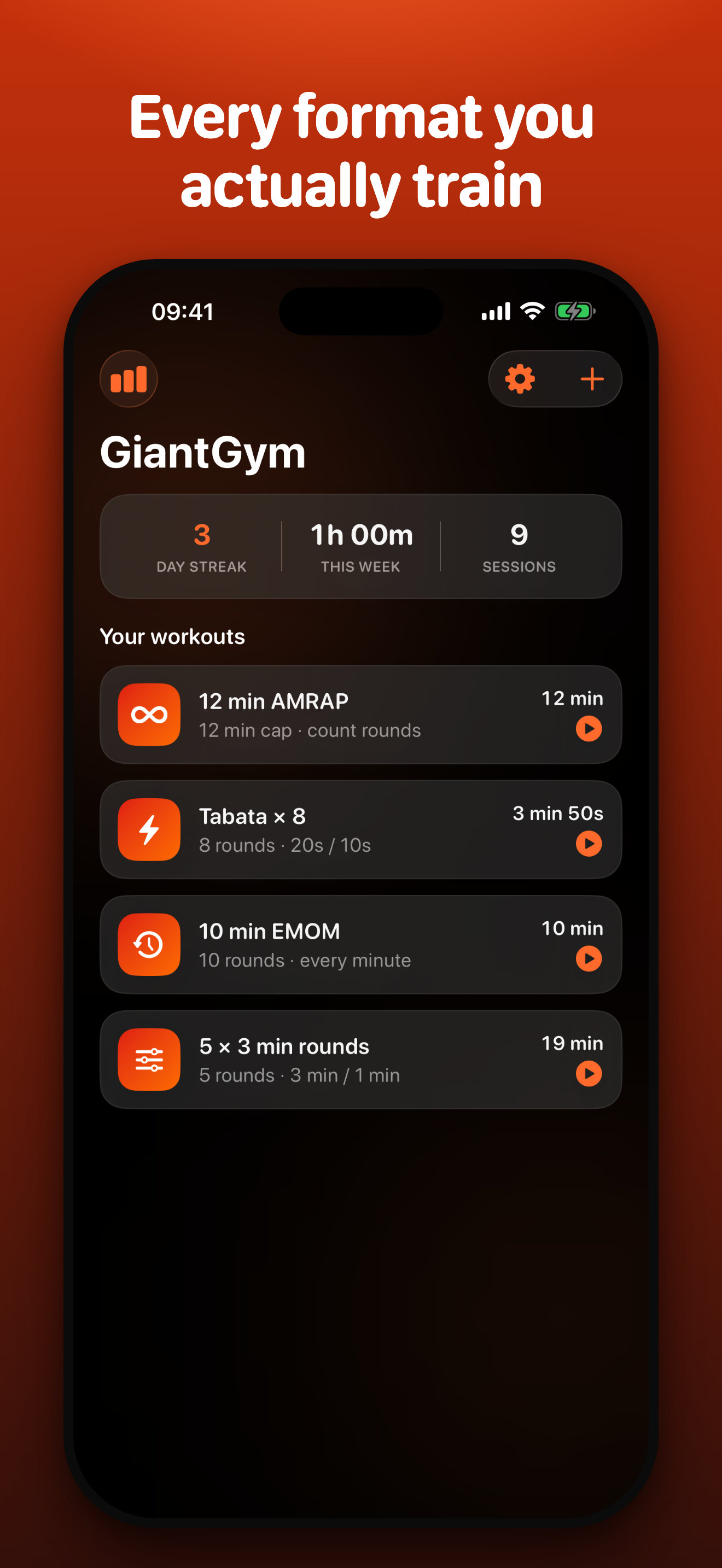 GiantGym workout library — AMRAP, EMOM, Tabata and custom intervals